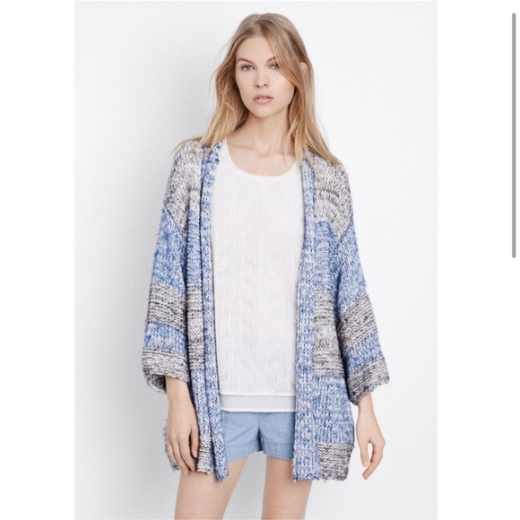 Vince Blue Gray Chunky Knit Cardigan Striped Oversized Sweater - Picture 1 of 13